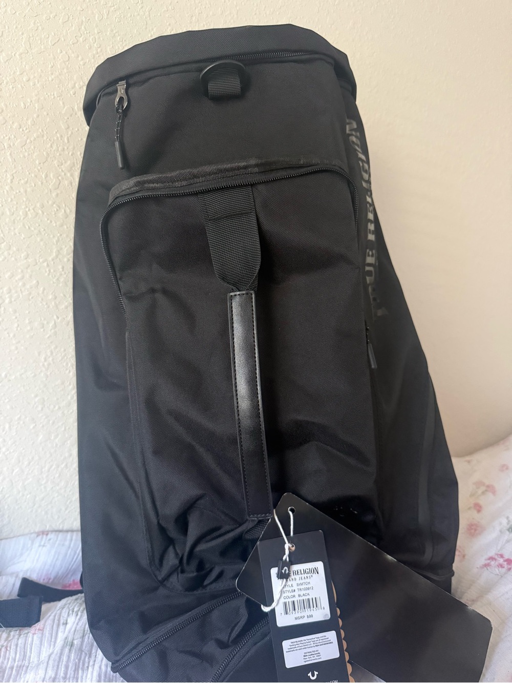 True Religion Black Sling Backpack with Subtle Logo